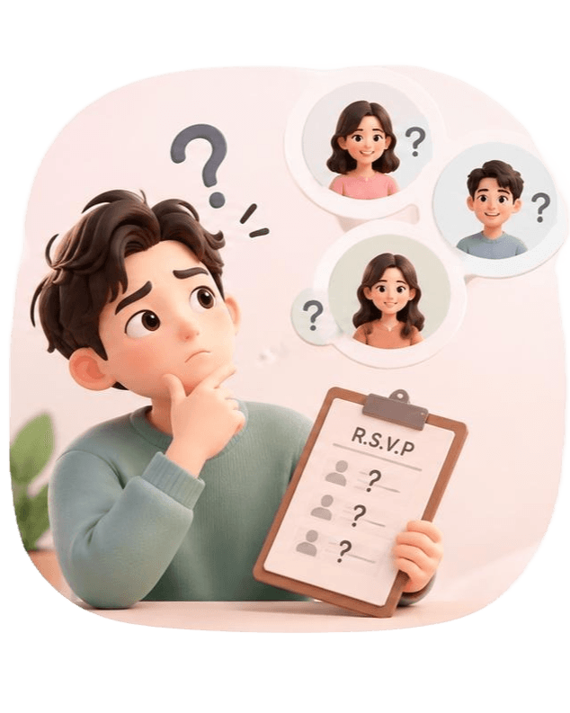 Chàng trai bối rối cầm danh sách R.S.V.P toàn dấu hỏi