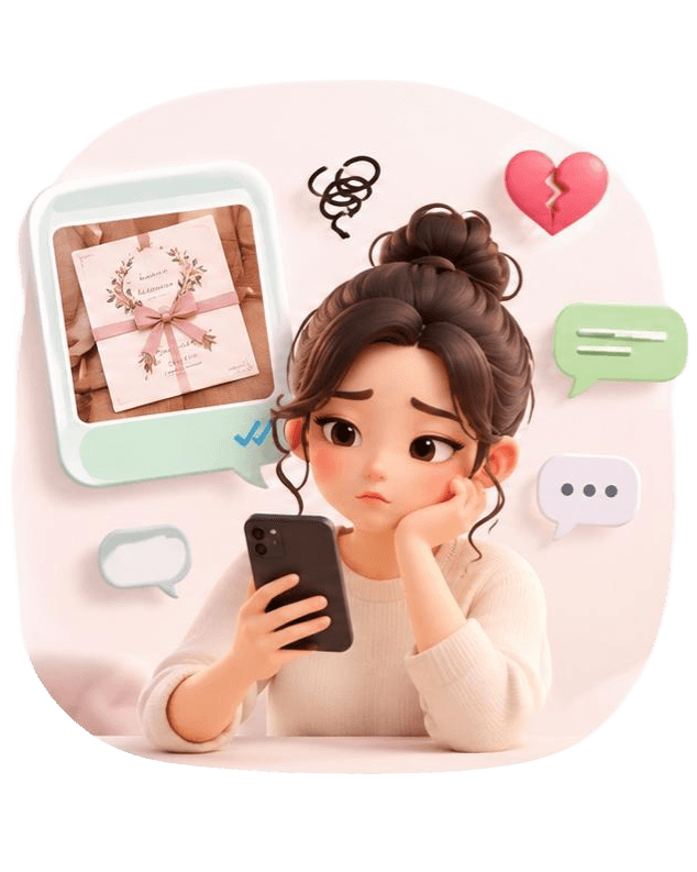 Cô gái buồn bã nhìn điện thoại, gửi ảnh chụp thiệp qua tin nhắn