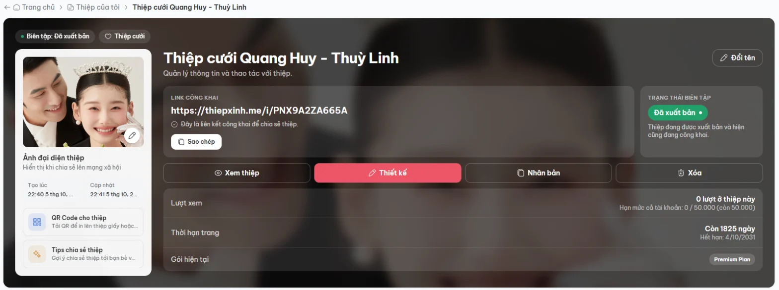 Trang chi tiết thiệp với link công khai, ảnh đại diện và mã QR