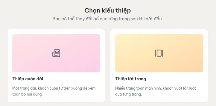 Chọn kiểu thiệp cuộn dài hoặc lật trang