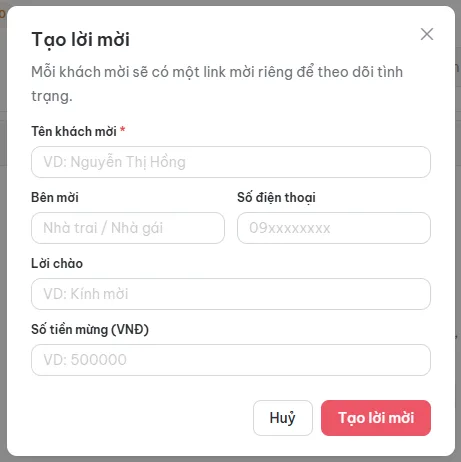 Hộp thoại tạo lời mời riêng cho từng khách