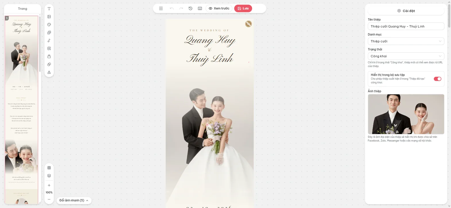 Trình thiết kế với thanh công cụ và bảng cài đặt